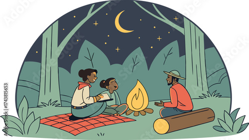 Heartwarming family camping under starry skies, sharing stories by the campfire light, creating lasting memories in nature's embrace, serene family time outdoors