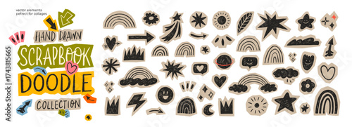 Childish crayon drawn scrapbook stickers. Scribble and doodle paper stickers for hand drawn notes, collages and social media design. Rippled paper icons, rainbows, clouds, stars, and crowns.