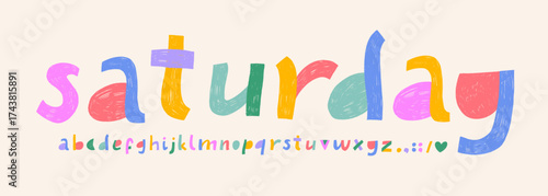 Crayon drawn funky font alphabet. Colorful typography and playful uppercase letters for school and party design. Perfect for creating happy, engaging text for children books, kindergarten materials.