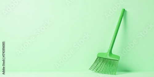 A vibrant green cleaning tool rests against a pastel backdrop, symbolizing spring cleaning and a fresh start