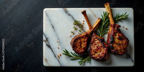 Three succulent grilled lamb chops seasoned with herbs, artfully arranged on a marble board.
