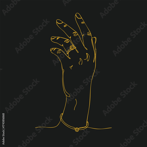 Elegant hand with a ring and bracelet, outlined in gold on a dark , emphasizing jewelry and minimalist design