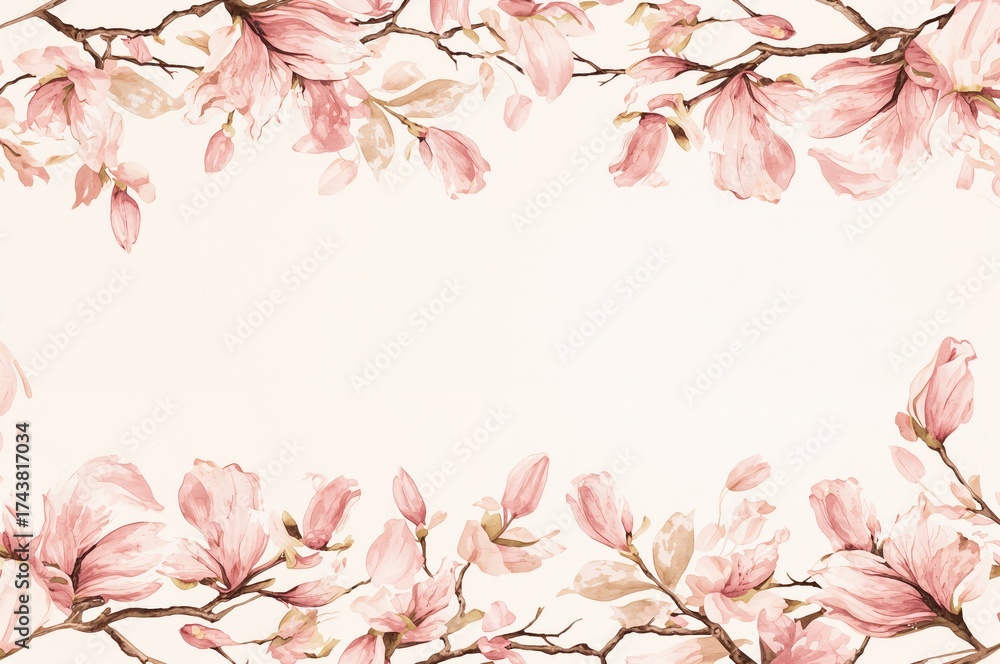 Fototapeta premium Seamless Magnolia Border with Watercolor Pink Blossoms and Branches for Wedding or Greeting Card Designs