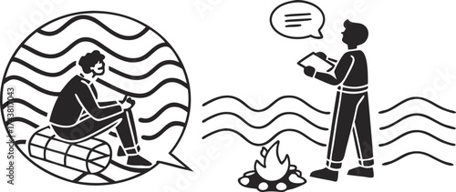 Modern communication about camping and outdoor adventures, sharing stories around campfire, connecting with nature while enjoying wilderness experience