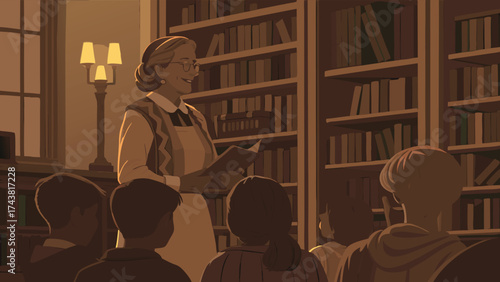 Engaging storyteller captivating children with a book in a cozy library filled with knowledge and wonder, inspiring a love of reading and learning