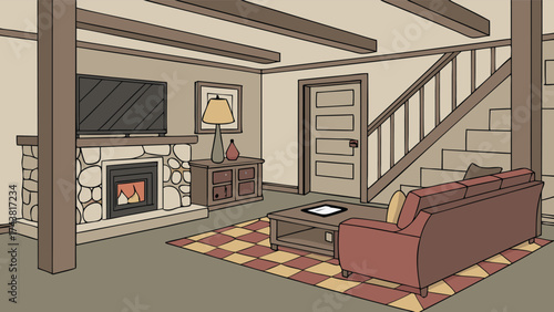 Cozy living room interior design with fireplace and stairs. Warm, inviting atmosphere for family time and relaxation. Modern home comfort and style