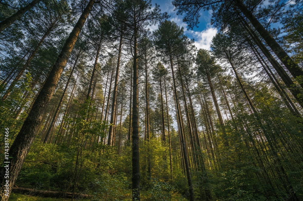 Obraz premium Looking up at tall trees from the forest floor