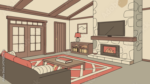 Inviting living room ambiance with cozy fireplace, perfect for relaxation and family time, featuring a modern design with rustic charm, ideal home interior