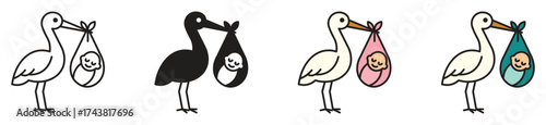 Stork with baby icon set. New born baby arrival symbol , vector illustration.