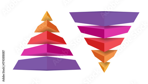Pyramid and funnel infographic set 3d trendy style for presentation, start up project, business strategy, theory basic operation, logic analysis vector 10 eps
