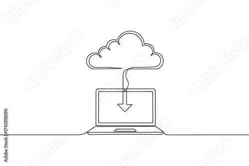 Vector art of cloud computing concept showing data transfer to laptop in one continuous line