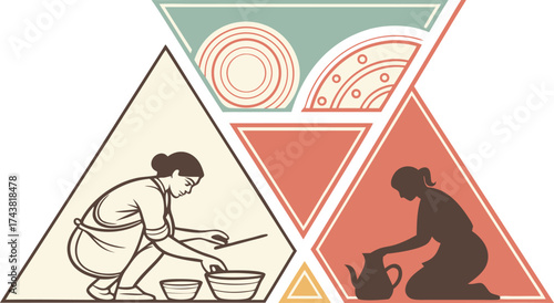 Cultural heritage artwork showcasing women preparing traditional meals and serving beverages, a symbol of community, family, and culinary arts