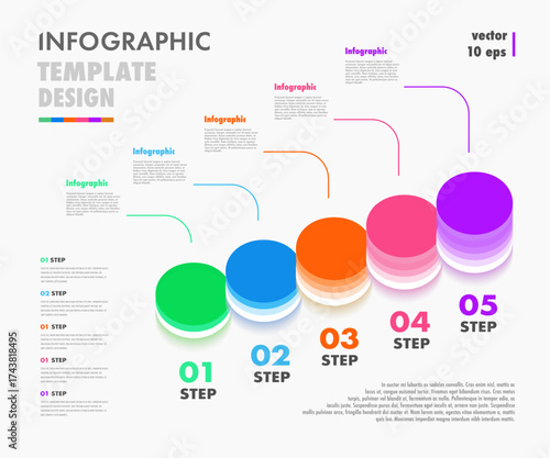 Ladder infographic template 5 step trendy 3d colorful style for logic analysis, presentation, start up project, business strategy, theory basic operation vector 10 eps
