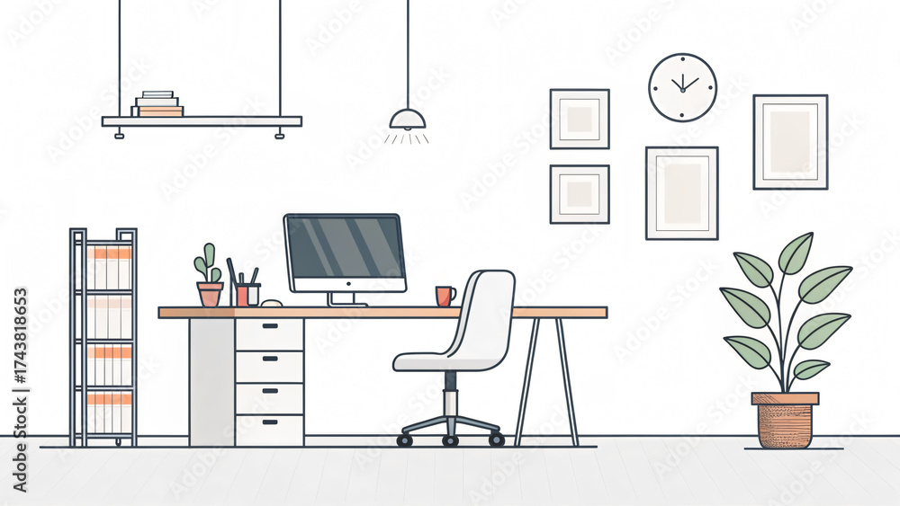 Fototapeta premium Home office workspace illustration with computer, desk, books, stationery, chair, indoor plants, flat style interior design concept for business, education, lifestyle, creative projects