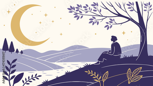 Peaceful night scene with person contemplating under the moon and stars, a tranquil escape for relaxation and reflection, serene vector art