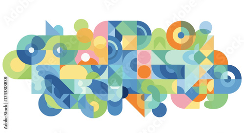 A vibrant and colorful abstract composition featuring geometric shapes and forms.