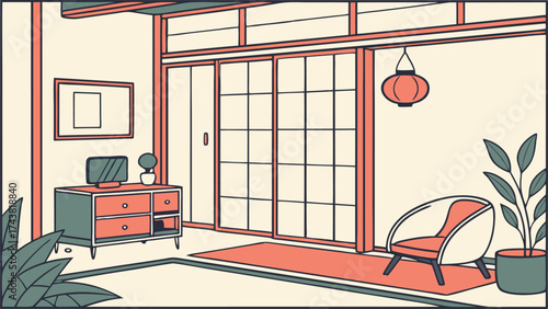 Modern minimalist interior design with shoji screens, chair, and plants creates a peaceful and inviting atmosphere for relaxation and creative inspiration