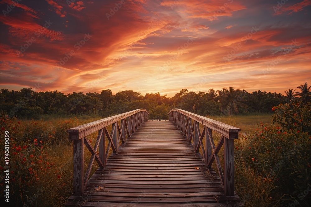 Fototapeta premium Wooden old bridge at sunset with flowers and natural scenery