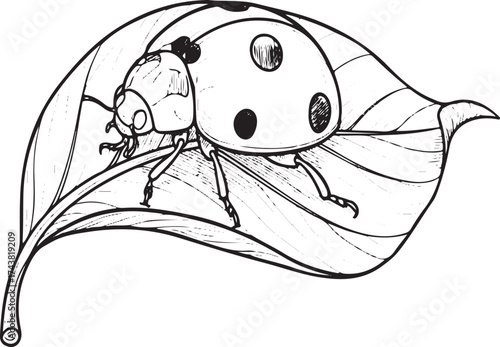Detailed Black and White Drawing of a Ladybug on a Leaf insect beetle
