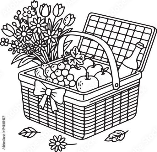 Picnic Basket Filled With Fruit Flowers and Bottle With Bow Keywords: picnic basket, food, fruit