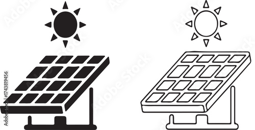 Solar Panel and Sun Icons Set on White Background solar energy renewable energy