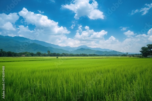 Expansive view of vibrant rice paddies under a clear sky with distant mountains