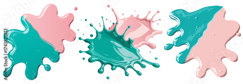 Turquoise and pink paint splashes interacting on white background forming textured dynamic composition suitable for abstract templates digital projects or decorative design backgrounds
