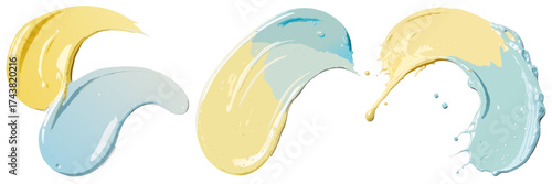 Yellow and light blue paint strokes with textured splashes arranged on white background forming colorful composition suitable for decorative projects creative templates or abstract designs