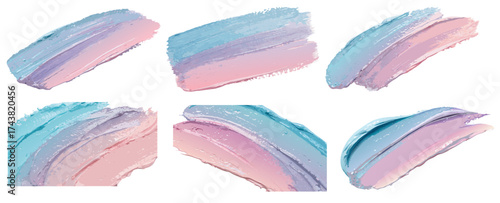 Pink purple and blue gradient brushstrokes arranged in six stroke set on white background forming vibrant abstract collection suitable for modern design projects or templates