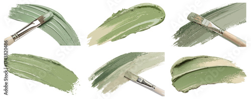 Green paint strokes displayed on white background with some applied by brush forming textured composition suitable for abstract backgrounds templates or creative design projects