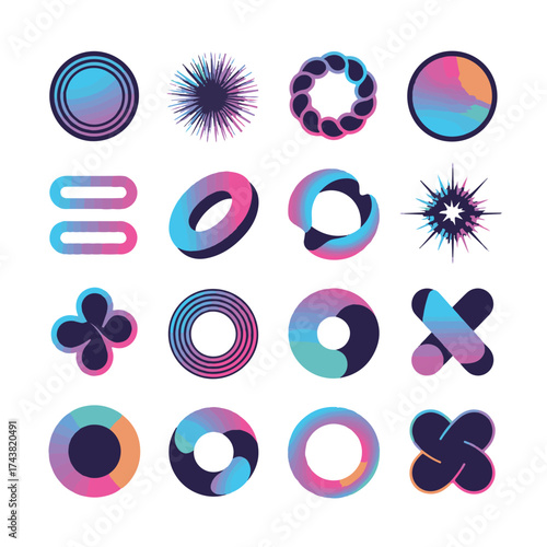 Collection of abstract geometric shapes and forms with vibrant holographic gradient colors and glitch effects
