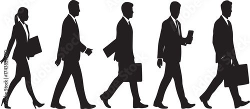 Silhouette of Business People Walking with Briefcases and Phone on White women