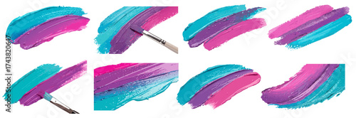 Turquoise purple and pink paint strokes displayed with visible brush application on white background forming abstract collection suitable for creative projects or modern templates