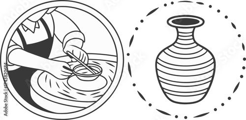 Pottery art concept showcasing hands shaping clay on a wheel alongside a decorative vase design, ideal for creative projects or artistic tutorials