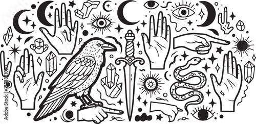Black and white illustration of a raven with hands, crystals, snake, sword and celestial elements/halloween day