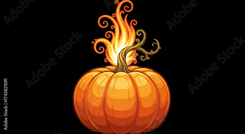 Cartoon pumpkin with a stem that transforms into stylized flames against a dark background.