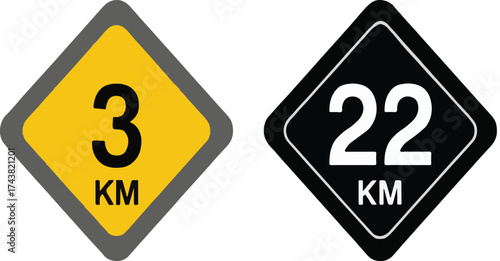 Two Distance Marker Signs One Yellow 3KM and One Black 22 KM kilometer