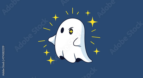 Cartoon ghost with one eye winking surrounded by sparkling stars on a blue background.