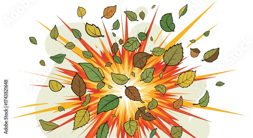 An illustration depicting an explosion of colorful leaves against a bright, radial background.