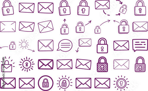 Secure email marketing concept offers privacy with doodle style purple icons