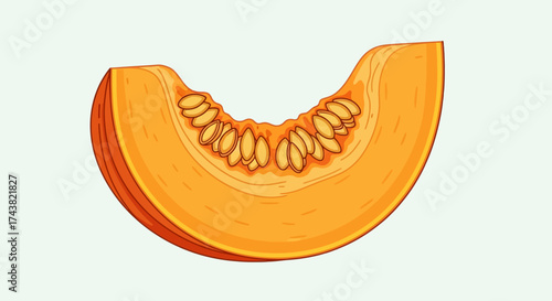 Illustration of a vibrant orange pumpkin slice with visible seeds, set against a light background.