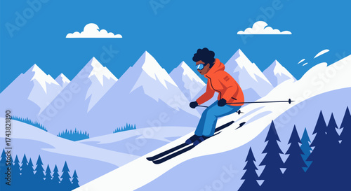 Dynamic illustration of a person skiing down a pristine snow-covered mountain, embodying winter adventure and an active alpine lifestyle