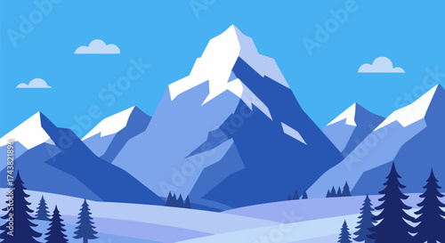 Serene winter mountain landscape with snow-capped peaks and pine trees, rendered in a modern flat design style vector illustration