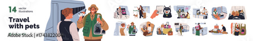 Travel with pets set. People with cats and dogs on plane, train and bus trip, journey. Cute animals in carrier, cage box, backpack in transport. Flat vector illustrations isolated on white background