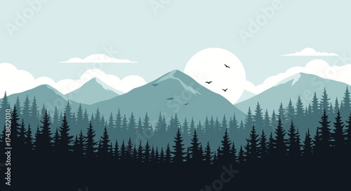 Serene landscape illustration featuring mountains, trees, sun, and flying birds, evoking a peaceful atmosphere.