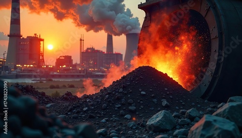 Coal Power Plant Shoveling Fuel into a Massive Furnace, Generating Electricity for a City - A Stark Image of Energy Production and its Environmental Impact