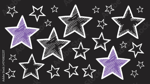 Hand drawn doodle star pattern in black and purple with sketch texture and abstract celestial vector art for t shirt design