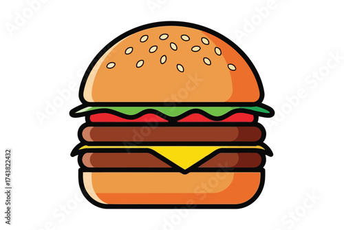 Illustration of a burger, featuring layers of patty, cheese, and fresh vegetables