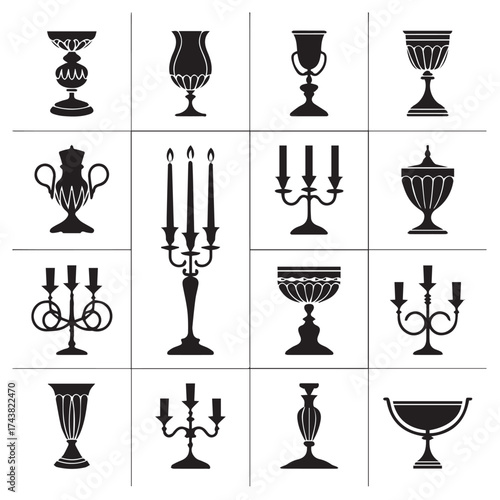 Collection of elegant antique and vintage chalices goblets trophies and candelabras in black silhouette on white background
