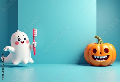 cute 3d cartoon ghost character holding red toothbrush next to smiling jack-o-lantern pumpkin on bright blue background looking at camera, concept of pediatric dentistry, oral hygiene, seasonal health